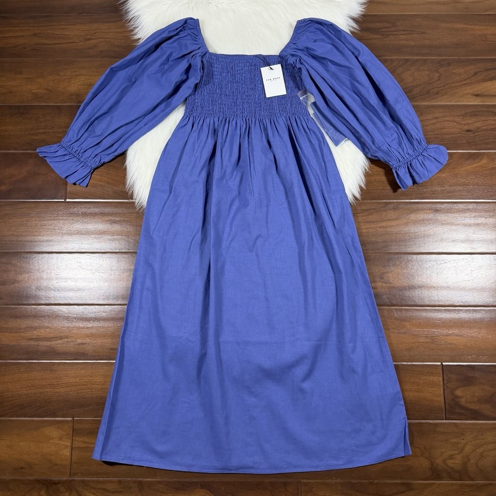 Few Moda Women's Size Medium Blue Cotton Linen Blend Smocked Midi Dress Tie Belt